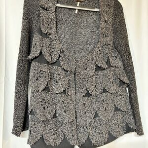 Free People Gray Cascading Ruffle Cardigan